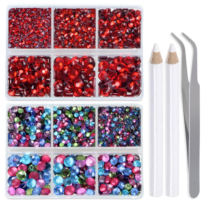 LPBeads 6400 Pieces Siam and Mix Color Hotfix Rhinestones Flat Back 5 Mixed Sizes Crystal Round Glass Gems with Tweezers and Picking Rhinestones Pen - Image 1